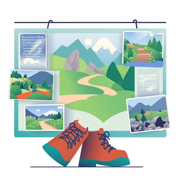 A dream board is displayed prominently, featuring various hiking trails winding through lush greenery. In the foreground, a pair of sturdy brown hiking boots is positioned at an angle, with the laces loosely tied. Surrounding the boots are images of breathtaking mountain vistas, showcasing towering peaks with snow-capped summits and clear blue skies. Some images depict trails lined with vibrant wildflowers, while others highlight rocky pathways leading toward scenic overlooks. The board itself is a collage of photographs and inspirational quotes, each contributing to the theme of adventure and exploration in the great outdoors.