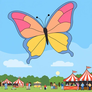 A colorful butterfly-shaped balloon with vibrant wings patterns floats gently in a clear blue sky. The balloon is large and takes the shape of a butterfly, featuring shades of pink, yellow, and blue on its wings. Below the balloon, a festive scene unfolds with small tents and happy festival-goers in the distance. Some people are waving and smiling, while others are enjoying games and food stalls. The sun shines brightly, casting a warm glow over the lively atmosphere of the festival.