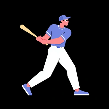 A baseball player wearing a blue jersey and white pants holds a wooden bat tightly, preparing to swing. The player crouches slightly, with their right foot forward and left foot back, displaying an athletic stance. The player has a focused expression, with eyes locked on an invisible pitch. The dark background creates a stark contrast, emphasizing the player and the bat as the central elements of the scene.