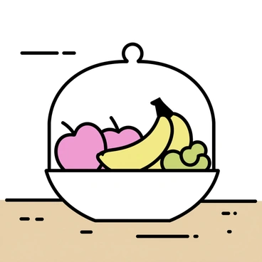 A glass cloche covering a bowl of fresh fruits sits on a wooden kitchen counter. The bowl contains a variety of fruits including bright red apples, yellow bananas, and green grapes. The cloche, transparent and dome-shaped, allows a clear view of the colorful assortment. Soft light from a nearby window illuminates the scene, casting gentle shadows on the counter. The kitchen counter is simple, with a few subtle textures visible in the wood grain.