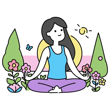 A cartoon girl with long, flowing black hair is performing a yoga pose in a garden. She is wearing a light blue tank top and purple yoga pants. The garden is filled with vibrant flowers in various colors, such as red, yellow, and pink. The sun is rising in the background, casting a warm golden light over the scene. The sky is a gradient of soft orange and pink hues. There are green trees framing the garden, and a few butterflies are flying around. The girl appears focused and calm as she practices her yoga.