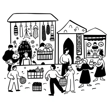 A bustling medieval market scene filled with activity. Multiple stalls display an array of fruits, including apples, oranges, and berries, arranged in crates. Nearby, colorful fabrics in various patterns hang from a vendor's stall, with some draped elegantly. Another stall showcases an assortment of trinkets such as shiny metal jewelry, wooden carvings, and ceramic pots. Customers interact with merchants, some holding baskets filled with purchased goods. The ground is lined with cobblestones, and the atmosphere is lively with the presence of townsfolk dressed in period clothing.