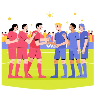 Two teams are standing on a vibrant green soccer field, surrounded by colorful banners and cheering fans in the background. One team is wearing bright red jerseys, while the other is in striking blue. They are all smiling and shaking hands in the center of the field, displaying a spirit of good sportsmanship. The players' expressions are cheerful and respectful, showcasing camaraderie after a close match. The sun is shining brightly, casting soft shadows on the grass, enhancing the lively atmosphere of the scene.