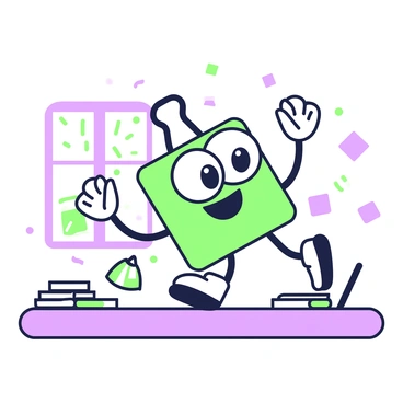 A cartoon-style paper clip character is dancing joyfully on a desk. The paper clip has a smiling face, with large expressive eyes and bright features. Its thin, metallic body has arms extending out, enhancing its animated dance moves. The desk surface is cluttered with various office supplies, including a notebook, a pen, and scattered sticky notes, creating a lively workspace environment. In the background, there is a window letting in light, suggesting a cheerful atmosphere.