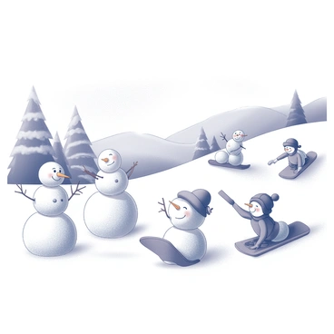 A winter landscape covered in a thick layer of snow. In the foreground, several children are building snowmen, stacking large snowballs while adding details like twig arms and carrot noses. Nearby, other children are sledding down a hill, joyfully gliding on their sleds with wide smiles. The background features snow-laden trees and gently rolling hills, creating a serene atmosphere of winter fun and play.