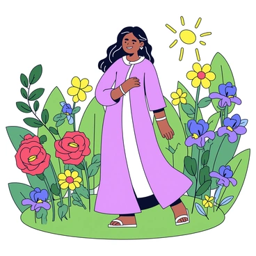 A goddess with flowing robes stands gracefully in a lush garden. She has long, wavy hair that cascades down her back, and her expression is peaceful. Surrounding her are various blooming flowers in vibrant colors, including red roses, yellow daisies, and purple irises. The garden is filled with green foliage, adding a rich backdrop to the scene. Sunlight filters through the leaves, creating gentle highlights on the flowers.