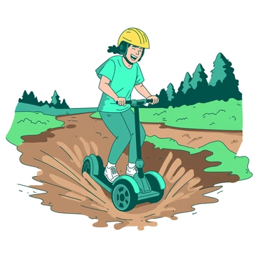 A teal Segway rider is joyfully splashing through a large, muddy puddle on a rugged offroad track. The rider is wearing a bright yellow helmet and has a wide smile on their face, showcasing their excitement. Mud is flying in all directions as the Segway's wheels churn through the water, creating a dynamic spray around the rider. In the background, there are patches of green grass and trees lining the offroad track, adding depth to the scene.