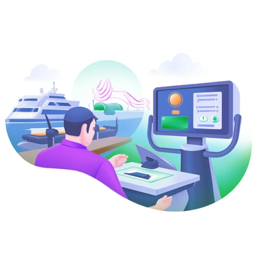 A modern pastel illustration depicting security personnel stationed at the edge of a harbor. They are operating sonar equipment, which emits waves into the water. The scene includes a detailed view of the sonar readout screen displaying signals and various icons representing underwater threats. The harbor features boats docked in the background, with gentle waves lapping against the pier. A clear sky overhead adds to the overall atmosphere of vigilance and preparedness. Security personnel, wearing uniforms and focused expressions, monitor the sonar results closely, highlighting the importance of their task.