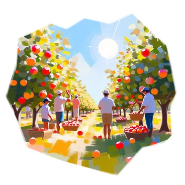 A ripe apple orchard filled with lush green trees heavy with bright red apples. Several people are spread throughout the orchard, carefully picking fresh apples from the branches. Some individuals are using baskets to collect the apples, while others are reaching high up into the trees. The sky is clear blue, and the sun is shining brightly, casting warm light on the scene. The ground is covered with soft grass and scattered apples that have fallen from the trees.