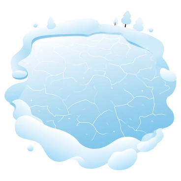 An aerial view of a frozen lake shows the surface covered in intricate cracks that create a complex pattern. Delicate snow patterns are scattered across the ice, enhancing the textures of the lake. The ice appears in various shades of blue and white, reflecting the light across the frozen expanse. Surrounding the lake, there are patches of snow-covered land and a few trees visible in the distance. The overall scene conveys the beauty of winter's icy landscapes.