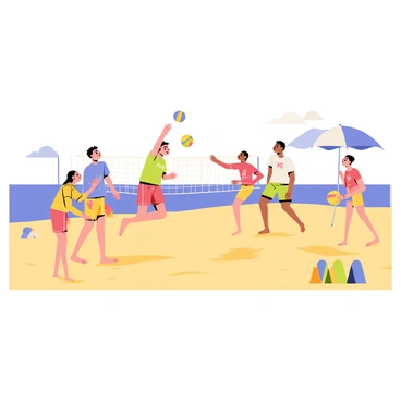 A sandy beach with bright golden sand and gentle waves lapping at the shore. A group of four friends, two boys and two girls, are playing an energetic volleyball game. One boy is jumping in mid-air to hit the volleyball, while the other boy stands ready to receive. The girls are both cheering on the sidelines, one holding a colorful beach ball. In the background, a clear blue sky is visible with a few fluffy white clouds. Beach umbrellas and colorful towels are scattered around, adding to the lively beach atmosphere.