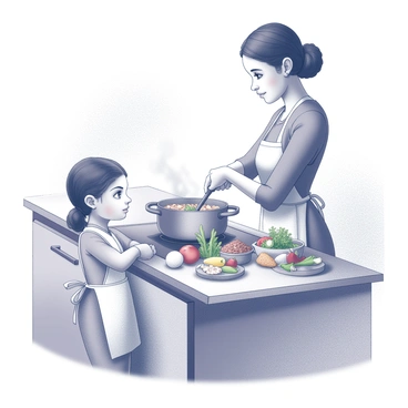 A young girl stands in a kitchen, observing her mother as she prepares traditional Indian dishes. The mother is focused on a stove, stirring a pot filled with simmering spices and vegetables. Various ingredients such as fresh herbs, colorful spices, and vegetables are neatly arranged on the countertop. The girl watches intently, her eyes wide with curiosity and admiration. She stands with her arms crossed, wearing an apron that matches her mother's, creating a connection between them. The kitchen is filled with a warm atmosphere, hinting at the delicious aromas wafting through the air.