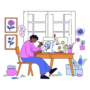 An artist sitting at a wooden drawing table in a bright studio. The artist is focused on creating detailed illustrations of various flowers, using a pencil to add intricate details to the artwork. Surrounding the artist are various art supplies, including colored pencils, brushes, and sketchbooks. On the walls, there are framed pictures of flowers and botanical art that serve as inspiration. A large window lets in natural light, illuminating the workspace. The floor is scattered with scraps of paper and paint tubes.