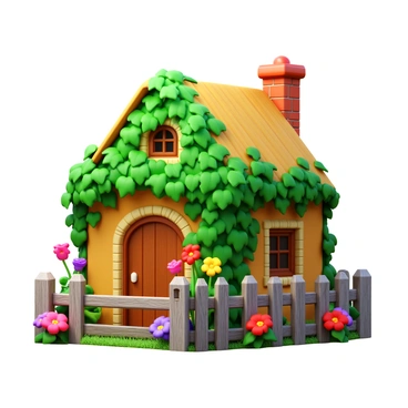 A cottage covered in lush green ivy with a thatched roof. The exterior walls of the cottage are made of warm, rustic stone. Colorful flowers in full bloom surround the cottage, featuring vibrant reds, purples, yellows, and pinks. A wooden fence encloses the garden, made of weathered timber that complements the natural setting.