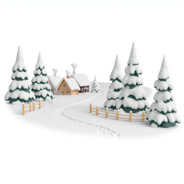A snowy path winding through a quaint village, flanked by rustic wooden fences blanketed in fresh snow. Tall evergreen trees, heavily laden with white snow, line both sides of the trail. In the distance, cozy cottage-style houses with smoke curling from chimneys can be seen, their rooftops also covered in a thick layer of snow. The ground is covered with a pristine white layer, showing the prints of snowshoes leading through the village. The scene captures the peaceful, winter atmosphere of a snowy day.