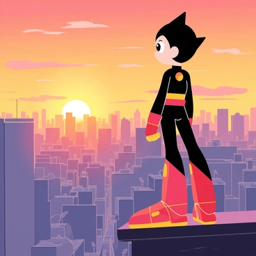 Astro Boy, a small robot boy with a sleek black and red design, stands confidently on the edge of a rooftop. He has expressive large eyes and signature rocket boots. The sun is setting in the distance, casting a warm golden hue across the sky filled with shades of orange and purple. Below, a sprawling cityscape unfolds, showcasing tall buildings and a network of streets that stretch out in every direction. The rooftops around Astro Boy are dotted with antennas and satellite dishes, highlighting the urban environment. Astro Boy gazes thoughtfully at the horizon, embodying a sense of wonder and hope.