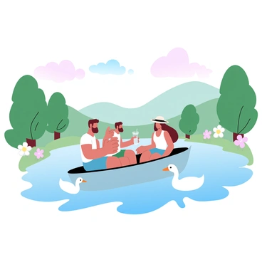 A group of friends is seated in a small boat, gently gliding along a calm river. The friends are casually dressed, with one wearing a sun hat and another holding a drink. Surrounding the river are lush green trees and blooming flowers along the banks. In the background, rolling hills provide a scenic view, with a soft gradient of pastel colors adorning the sky, suggesting a serene afternoon atmosphere. There are several ducks swimming near the boat, adding a touch of life to the tranquil scene.