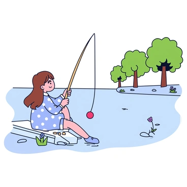 A petite girl with long brown hair is sitting on a small wooden dock by a quiet lake. She is wearing a light blue dress with white polka dots. In her hands, she holds a simple bamboo fishing rod, with a bright red bobber attached to the line. The lake is calm, with gentle ripples reflecting the surrounding green trees. Small pebbles line the shoreline, and a few wildflowers bloom nearby. The girl looks attentively at the water, waiting for a fish to bite.