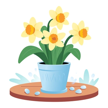 Daffodils with vibrant yellow petals are blooming in a bright ceramic pot. The pot is glossy and has a decorative pattern. The pot is positioned on a wooden patio table, which has a natural finish. Sunlight casts gentle shadows on the table's surface, highlighting the texture of the wood. Surrounding the pot, there are a few small pebbles scattered for decoration. The background suggests a tranquil outdoor setting with hints of greenery.