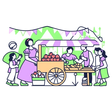 A bustling village market is filled with various stalls and lively activity. In the center, "Snow White" is selecting fresh apples from a wooden cart. She is wearing a classic dress with a high collar and puffed sleeves. Next to her, there is a basket filled with shiny red apples. On another stall, loaves of freshly baked bread are stacked. Vendors are interacting with customers, and children are playing nearby. Colorful banners are hanging above the market, adding to the vibrant atmosphere. In the background, quaint houses and trees can be seen.