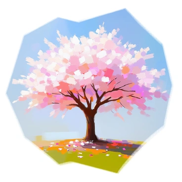 A spring landscape featuring cherry blossom trees in full bloom, their delicate pink flowers creating a canopy that resembles fluffy clouds. The branches are laden with blossoms, and a gentle breeze scatters some petals to the ground. The scene is set against a clear blue sky, enhancing the vibrant pink hues of the flowers. Beneath the trees, a grassy area is visible, dotted with fallen petals, adding to the picturesque setting.