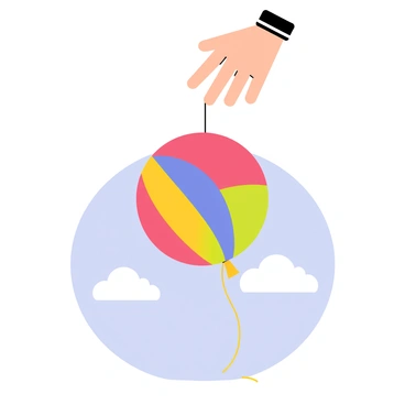 A hand illustrated in a cartoon style, gently releasing a string that is tied to a large, colorful balloon. The balloon is round and features a mix of vibrant colors such as red, blue, yellow, and green. The hand is positioned above the balloon, with fingers slightly spread as the string slips away. Below, there is a clear blue sky that provides a cheerful backdrop, emphasizing the moment of release.