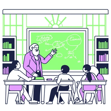 Karl Marx is depicted in an old lecture hall, standing in front of a large chalkboard filled with writings and diagrams. He has a full beard and is dressed in a dark suit with a waistcoat. Around him, a group of students sits at wooden desks, attentively listening. Some students are taking notes in notebooks, while others are raising their hands to ask questions. The hall features large windows with natural light streaming in, illuminating the dust particles in the air. Antique wooden shelves filled with books line the walls, adding to the scholarly atmosphere of the setting.
