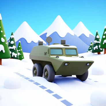 An armored personnel carrier driving through a snowy landscape. The vehicle is covered in snow and mud, with visible tracks in the snow leading behind it. In the background, there are majestic snow-capped mountains towering under a clear blue sky. Patches of evergreens are scattered throughout the landscape, their branches heavy with snow. The scene captures the contrast between the rugged vehicle and the serene, wintery environment.