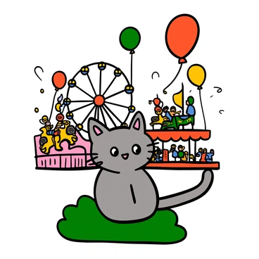 A tom kitten with light gray fur and big eyes is sitting on a grassy patch, intently watching the colorful rides and balloons at a lively carnival. The carnival is bustling with activity, featuring a towering Ferris wheel with bright lights and a carousel with beautifully painted horses. Balloons in various shapes and vibrant colors are floating above the carnival, creating a joyful atmosphere. The kitten's ears are perked up in curiosity, and there are other people enjoying the carnival in the background, adding to the festive mood.