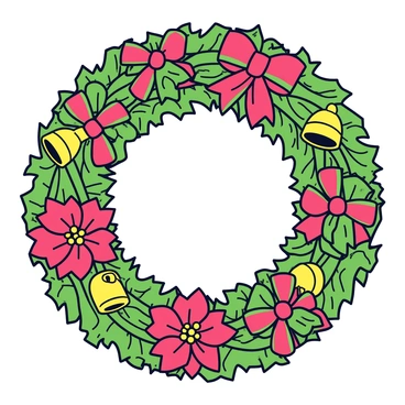 A circular holiday wreath made of fresh green pine branches. The wreath is adorned with vibrant red and green ribbons tied in bows. Scattered among the foliage are shiny gold bells, adding a festive touch. Bright red poinsettias are interspersed throughout the wreath, providing a pop of color.