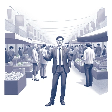 A foreign correspondent stands in a bustling market filled with various stalls and vibrant activity. The correspondent is dressed in professional attire, holding a microphone with one hand while the other hand gestures towards the crowd. Around them, vendors are displaying an array of goods, including fresh produce, textiles, and handmade crafts. Shoppers of diverse backgrounds are engaged in conversations and transactions. The atmosphere is lively, with people moving about, laughter, and the sounds of haggling filling the air. A backdrop of colorful market tents and banners adds to the dynamic scene.