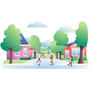 A wide view of a quiet suburban neighborhood is depicted. The streets are lined with tall, green trees, providing shade along the sidewalks. There are several houses in the scene, each with unique features like front porches and colorful flower beds. A small park can be seen in the background, with a few people walking dogs and children playing. The sky above is clear with a few fluffy clouds, adding a peaceful atmosphere to the illustration.