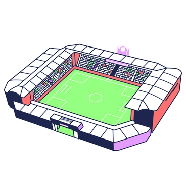 A detailed illustration of the architectural design of Old Trafford stadium. The stadium features a large, iconic structure with a prominent red exterior and a sloped roof. In the foreground, there is an intricate arrangement of seating areas, including rows of seats with a clear view of the pitch. The center of the stadium showcases the green grass of the football field, surrounded by white line markings. The stands are filled with fans, creating a lively atmosphere. In the background, the entrance gates and the club crest are visible, adding to the overall grandeur of the stadium's design.
