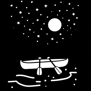 A canoe gliding along a river, surrounded by dark silhouettes of trees on either side. The sky is filled with numerous stars, twinkling brightly against the night. The river has a gentle glow as it reflects the moonlight, illuminating the water's surface. The canoe carries two paddles resting on its sides, and the water has subtle ripples created by the movement of the canoe.