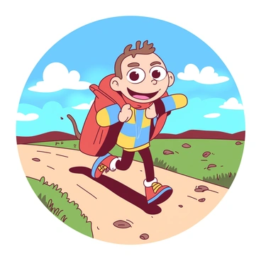 A cartoon character with oversized eyes and a large head is happily carrying a baluchon slung over its shoulder. The character has a big, exaggerated smile and colorful clothing, including a vibrant shirt and oversized shoes. The dirt road stretches out in front of the character, with small rocks and patches of grass visible along the sides. The sky is a bright blue with fluffy white clouds scattered throughout. The character's strides are lively, suggesting a sense of adventure on the path ahead.