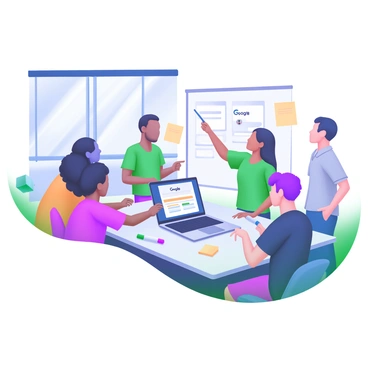 A modern pastel illustration depicting a diverse group of employees gathered around a rectangular table. They are engaged in a brainstorming session, with sticky notes and markers scattered across the table. In the center, there is a laptop displaying a Google Business profile. Each employee has a unique appearance, showcasing various ethnicities and styles. One person is actively writing on a whiteboard in the background, while others are pointing at ideas and discussing. A large window in the background lets in natural light, illuminating the room.