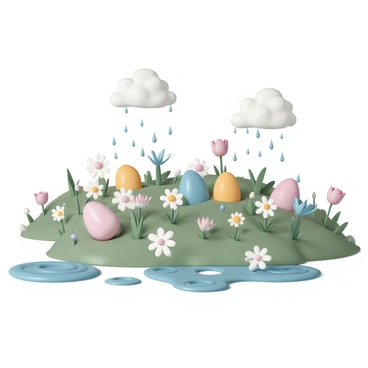 A gentle spring rain is falling over a vibrant field filled with an assortment of fresh flowers, including daisies, tulips, and wildflowers in various colors. The raindrops create ripples on the surface of small puddles scattered throughout the field. Among the flowers, there are several hidden eggs, painted in pastel colors of pink, blue, and yellow, partially obscured by the blooms. The grass is lush and green, glistening with moisture from the rain. The sky is overcast with soft gray clouds, adding a serene atmosphere to the scene.