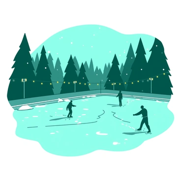 A teal ice skating rink is set in a serene park during the evening, surrounded by tall, shadowy trees. Snow is gently falling from the sky, creating a delicate blanket on the ice. Soft white lights are strung along the edges of the rink, casting a warm glow over the scene. A few skaters glide gracefully across the ice, leaving faint trails behind them in the fresh snowfall. The atmosphere is peaceful and inviting, with a sense of tranquility enveloping the rink.