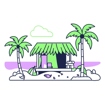 A simple tropical hut made of bamboo and palm leaves stands near the ocean. The hut has a thatched roof made of palm leaves, providing shade from the sun. In front of the hut, there is a small wooden porch with a pair of lounge chairs. The ocean can be seen in the background, with gentle waves lapping against the shore. A few palm trees are positioned nearby, their fronds swaying in the breeze. The sand leading up to the hut is smooth and light, scattered with small seashells.