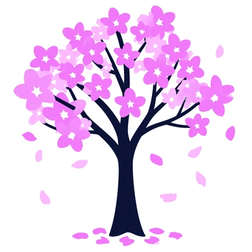 A blossoming tree with vibrant pink flowers is depicted. The branches of the tree are full of blossoms, creating a lush canopy. Delicate flower petals are falling gently from the tree, creating a soft, colorful shower around the base. Some of the petals are caught in the air, while others cluster on the ground, forming a light carpet of pink.