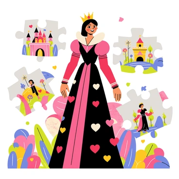 A cartoon-style illustration of the "Queen of Hearts" character, wearing a large red and black gown with a heart motif and an elaborate crown adorned with jewels. She stands in the center of the image, smiling with a playful expression. Surrounding her are various pieces of a vibrant jigsaw puzzle, each piece depicting different elements of her kingdom, including a colorful castle, lush gardens, and cheerful subjects. The background is filled with whimsical trees and bright flowers, enhancing the joyful atmosphere of the scene.