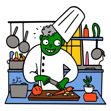 A zombie chef with greenish skin and disheveled white hair is standing in a brightly lit kitchen. He is wearing a stained white chef's coat and a tall chef's hat that is slightly askew. The chef has large, expressive eyes and a mischievous grin. He is chopping colorful vegetables, including red bell peppers, onions, and carrots, on a wooden cutting board. A variety of kitchen utensils are scattered around him, and pots and pans hang from the walls. The background features a window with sunlight streaming in, illuminating the slightly chaotic atmosphere of the kitchen.