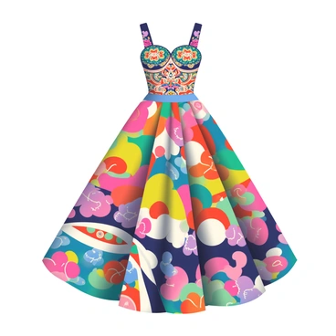 A dress with a fitted bodice and a flowing skirt is displayed prominently. The bodice features intricate designs inspired by various cultures, with patterns resembling traditional motifs from different regions. The vibrant skirt displays a kaleidoscope of colors, showcasing bold floral prints, geometric shapes, and ethnic designs that blend seamlessly together. The fabric shimmers under the light, creating a dynamic visual effect. The dress is set against a neutral background, allowing the colors and patterns to stand out vividly.