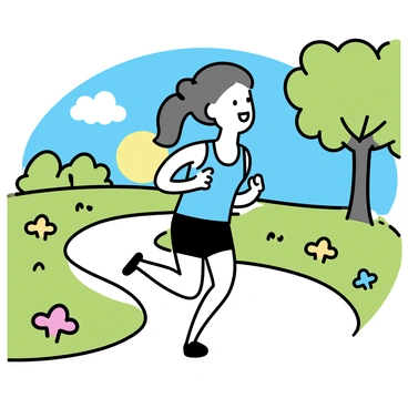 A woman with long brown hair tied in a ponytail is jogging on a winding path in a lush green park. She is wearing a light blue athletic tank top and black running shorts. The sun is just rising, casting a warm glow over the scene. Trees with vibrant green leaves frame the path, and patches of colorful flowers dot the landscape. In the background, there is a clear blue sky with a few soft, white clouds.
