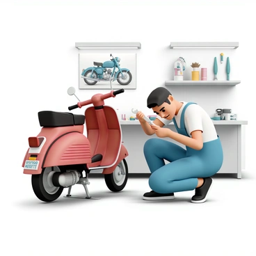 A mechanic in overalls fixing a moped in the dealership's workshop area