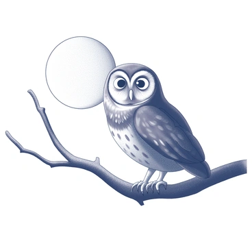 An owl perched on a thick tree branch. The owl has large, round eyes and detailed feathers that create a textured appearance. In the background, a full moon illuminates the scene, casting a soft glow around the owl. The tree branch extends outwards, adorned with intricate details of bark and leaves. The overall image creates a strong contrast between the owl and the bright moon, enhancing the silhouette of the bird against the night sky.