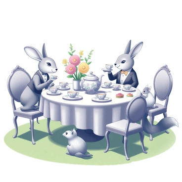 An elaborate tea party is arranged on a lush garden lawn. A large, ornate table is set with fine china teacups and saucers, intricately designed with floral patterns. A delicate teapot, also adorned with floral motifs, sits at the center. Surrounding the table, fanciful animals are seated as guests. A sophisticated rabbit in a waistcoat holds a teacup, while a fox, elegantly dressed, pours tea into another cup. Nearby, a curious squirrel is nibbling on a small cake. Colorful floral arrangements embellish the table, and the green grass of the lawn provides a vibrant backdrop. The scene conveys a whimsical gathering in a tranquil outdoor setting.