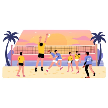 A volleyball match taking place on a sandy beach with two teams of players in action. One player, wearing a yellow jersey, jumps high in the air to spike the ball over the net. The opposing team, wearing blue jerseys, is positioned to defend. In the background, a vibrant sunset casts orange, pink, and purple hues across the sky, reflecting on the ocean waves. Silhouettes of palm trees sway gently in the breeze, framing the scene. A volleyball net stands prominently in the center, while the sandy court shows footprints from the players.