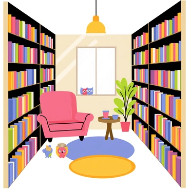A garage converted into a personal library features tall shelves filled with books from floor to ceiling. The shelves are made of dark wood, adding warmth to the space. A cozy reading nook is positioned in one corner, consisting of a plush armchair upholstered in soft fabric, accompanied by a small round table holding a steaming cup of tea. A warm light fixture hangs from the ceiling, casting a soft glow over the room. On the floor, a colorful rug adds a touch of comfort, and a large window allows natural light to pour in, illuminating the titles on the shelves. Decorative items, such as bookends shaped like owls and a small potted plant, are scattered throughout the library.