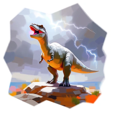 A powerful spinosaurus stands on a rocky outcrop, its massive jaws open wide in a fierce roar. The dinosaur's scales glisten in shades of green and brown, emphasizing its formidable size and strength. Above, a dramatic sky is filled with dark storm clouds, swirling ominously. Bright flashes of lightning streak through the clouds, illuminating the scene and casting dynamic shadows on the spinosaurus. The landscape around is rugged, with rocky formations and sparse vegetation, enhancing the sense of wildness and impending storm.